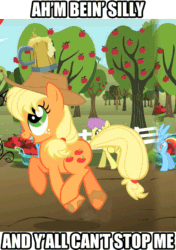 Size: 549x779 | Tagged: safe, edit, edited screencap, screencap, applejack, gala appleby, granny smith, parasol, pink lady, earth pony, pegasus, pony, the super speedy cider squeezy 6000, accent, and nopony can stop me, animated, apple family member, caption, cider, cute, female, gif with captions, jackabetes, mare, prancing, silly, silly pony, who's a silly pony, y'all