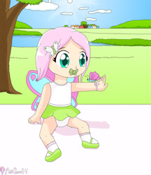 Size: 831x960 | Tagged: safe, artist:polligone64, fluttershy, butterfly, human, clothes, diaper, humanized, pacifier, skirt, solo, younger