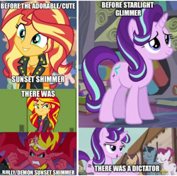 Size: 720x717 | Tagged: safe, edit, edited screencap, screencap, starlight glimmer, sunset shimmer, better together, equestria girls, equestria girls (movie), rollercoaster of friendship, the crystalling, the cutie map, before and after, caption, crown, cute, cutie mark, equality mark, female, geode of empathy, image macro, jewelry, mane, mare, meme, necklace, op started shit, our town, regalia, s5 starlight, sharp teeth, smiling, sunset vs starlight debate, teeth