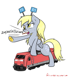 Size: 1893x2141 | Tagged: safe, artist:orang111, derpy hooves, pegasus, pony, db br 185, deutsche bahn, female, german, locomotive, mare, pzb, ride, solo, tongue out, train, traxx