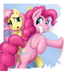 Size: 1269x1272 | Tagged: safe, artist:redflare500, fluttershy, pinkie pie, earth pony, pegasus, pony, chewing, fourth wall, mouth hold