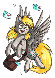 Size: 1020x1455 | Tagged: safe, artist:tenebristayga, derpy hooves, pegasus, pony, chest fluff, ear fluff, female, fluffy, flying, letter, mailbag, mare, simple background, solo, traditional art, transparent background