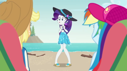 Size: 1280x720 | Tagged: safe, derpibooru import, screencap, applejack, rainbow dash, rarity, better together, equestria girls, lost and found, feet, flip-flops, sandals