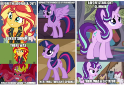 Size: 720x495 | Tagged: safe, edit, edited screencap, screencap, starlight glimmer, sunset satan, sunset shimmer, twilight sparkle, twilight sparkle (alicorn), unicorn twilight, alicorn, pony, unicorn, a canterlot wedding, better together, equestria girls, equestria girls (movie), rollercoaster of friendship, the crystalling, the cutie map, before and after, bully, caption, cropped, crown, cute, cutie mark, equality mark, female, geode of empathy, image macro, jewelry, mane, mare, meme, necklace, our town, raised hoof, regalia, sharp teeth, smiling, spread wings, teeth, wings