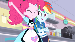 Size: 1920x1080 | Tagged: safe, derpibooru import, edit, edited screencap, screencap, pinkie pie, rainbow dash, better together, equestria girls, pinkie pie: snack psychic, apron, clock, clothes, condiments, crossed arms, cute, dashabetes, diapinkes, geode of super speed, happy, huggable, magical geodes, server pinkie pie, shipping fuel, sweet snacks cafe