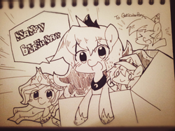 Size: 640x480 | Tagged: safe, artist:gyaheung, princess celestia, princess luna, oc, oc:anticular pony, oc:gyaheung, alicorn, pony, ask sunshine and moonbeams, birthday, blushing, monochrome, open mouth, smiling, traditional art, xd