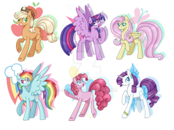 Size: 1024x768 | Tagged: safe, artist:huskywo1f, derpibooru import, applejack, fluttershy, pinkie pie, rainbow dash, rarity, twilight sparkle, twilight sparkle (alicorn), alicorn, earth pony, pegasus, pony, unicorn, cutie mark, mane six, simple background, transparent background, watermark