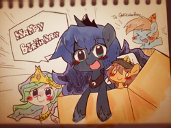 Size: 640x480 | Tagged: safe, artist:gyaheung, princess celestia, princess luna, oc, oc:anticular pony, oc:gyaheung, alicorn, pony, ask sunshine and moonbeams, birthday, blushing, open mouth, smiling, traditional art, xd