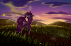 Size: 2125x1375 | Tagged: safe, artist:grennadder, pinkie pie, earth pony, firefly (insect), pony, grass, scenery, solo, sunset