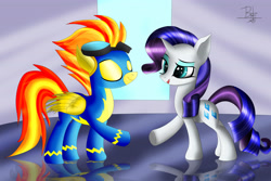 Size: 4500x3000 | Tagged: safe, artist:mrbrunoh1, rarity, spitfire, pony, unicorn, eyes closed, wonderbolts uniform