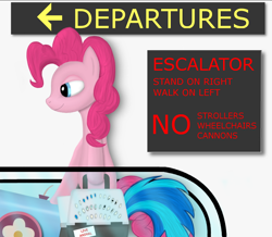 Size: 768x669 | Tagged: safe, artist:simeonleonard, dj pon-3, pinkie pie, vinyl scratch, pony, airport, bipedal, escalator, party cannon, solo