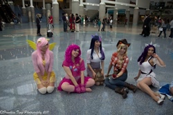 Size: 1024x683 | Tagged: safe, artist:aktrez, artist:xsoulxxxreaperx, artist:yayacosplay, photographer:franklin teng photography, applejack, fluttershy, pinkie pie, rarity, twilight sparkle, human, 2011, comikaze expo, comikaze expo 2011, cosplay, feet, irl, irl human, jessica nigri, photo