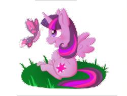 Size: 1600x1200 | Tagged: safe, artist:amberdragonling, derpibooru import, twilight sparkle, twilight sparkle (alicorn), alicorn, butterfly, caterpillar, pony, cute, female, mare, sitting, solo