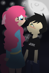 Size: 600x900 | Tagged: safe, artist:fallenfateadopts, pinkie pie, anthro, human, blushing, crossover, crossover shipping, dan, dan pie, dan vs, eared humanization, female, humanized, male, night, shipping, smiling, straight