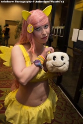 Size: 683x1024 | Tagged: safe, artist:rae-gunn, fluttershy, human, animeland wasabi, animeland wasabi 2014, belly button, bellyring, clothes, cosplay, irl, irl human, midriff, photo, plushie, skirt, solo, tofusnow