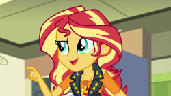 Size: 1280x720 | Tagged: safe, screencap, sunset shimmer, better together, equestria girls, overpowered (equestria girls), canterlot high, ceiling, clothes, female, geode of empathy, music room, open mouth, solo