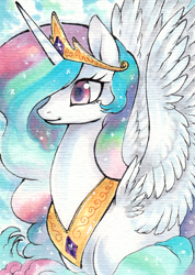 Size: 500x702 | Tagged: safe, artist:yardsalecouch, princess celestia, alicorn, pony, aceo, art card, bust, portrait, solo, spread wings, traditional art