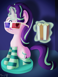 Size: 4166x5552 | Tagged: safe, artist:thedarksatanicorn, starlight glimmer, pony, unicorn, 3d glasses, absurd resolution, clothes, female, food, glowing horn, magic, popcorn, socks, solo, striped socks, telekinesis