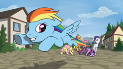 Size: 3840x2160 | Tagged: safe, artist:namelesstrickster, derpibooru import, applejack, fluttershy, pinkie pie, rainbow dash, rarity, twilight sparkle, twilight sparkle (alicorn), alicorn, earth pony, pegasus, pony, unicorn, cowboy hat, female, flying, hat, mane six, mare, missing cutie mark, rainbow trail, wallpaper