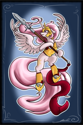 Size: 640x961 | Tagged: safe, artist:ponimichla, princess celestia, alicorn, pony, armor, pink-mane celestia, solo, spear, spread wings, warrior celestia, weapon, younger