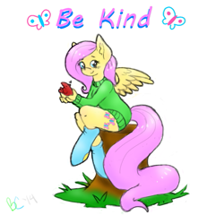 Size: 567x544 | Tagged: safe, artist:bunnycat, fluttershy, anthro, bird, unguligrade anthro, animal, clothes, cute, element of kindness, elements of harmony, heart, looking at you, nature, sitting, smiling, socks, solo, sweater, sweatershy, tree stump
