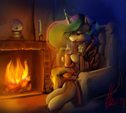 Size: 3000x2695 | Tagged: safe, artist:alumx, princess celestia, alicorn, pony, fire, fireplace, solo