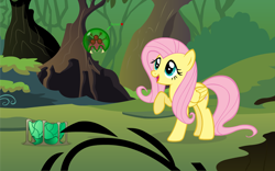 Size: 1680x1050 | Tagged: safe, artist:doctor-g, fluttershy, pegasus, pony, crossover, everfree forest, metroid, metroid (species)