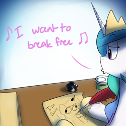 Size: 1200x1200 | Tagged: safe, artist:anticular, derpibooru import, princess celestia, princess luna, alicorn, pony, ask sunshine and moonbeams, bucktooth, derp, desk, doodle, drawing, female, inkwell, mare, music notes, paper, queen (band), quill, solo, whistling