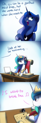 Size: 1200x3600 | Tagged: safe, artist:anticular, derpibooru import, princess celestia, princess luna, alicorn, pony, ask sunshine and moonbeams, comic, desk, doodle, drawing, duo, duo female, female, headphones, inkwell, mare, paper, queen (band), quill, singing