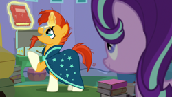 Size: 1280x720 | Tagged: safe, screencap, rainbow dash, starlight glimmer, sunburst, pegasus, pony, unicorn, uncommon bond, book, bookhorse, female, levitation, magic, male, mare, open mouth, stallion, telekinesis