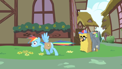 Size: 1280x720 | Tagged: safe, derpibooru import, screencap, gummy, pinkie pie, rainbow dash, earth pony, pegasus, pony, party of one, clothes, coat, disguise, glasses, groucho mask, hat, hay, house, ponyville, saddle bag, shocked