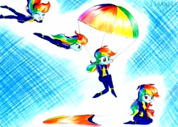 Size: 2416x1732 | Tagged: safe, artist:liaaqila, derpibooru import, rainbow dash, equestria girls, clothes, commission, cute, dashabetes, jumpsuit, parachute, sequence, skydiving, traditional art