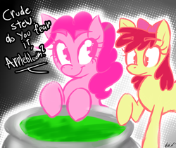 Size: 1280x1082 | Tagged: safe, artist:blup-chan, apple bloom, pinkie pie, earth pony, pony, friendship is witchcraft, cauldron, cute from the hip, dialogue, pinkie's brew, potion