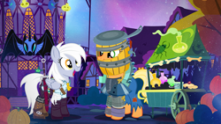 Size: 1000x565 | Tagged: safe, artist:pixelkitties, applejack, derpy hooves, earth pony, pegasus, pony, ciri, clothes, costume, female, mare, ned kelly, nightmare night, nightmare night costume, the witcher