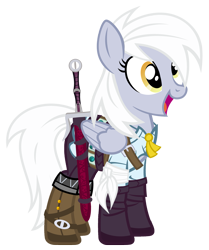 Size: 1843x2200 | Tagged: safe, artist:pixelkitties, derpy hooves, pegasus, pony, bandage, boots, ciri, clothes, costume, crossover, female, mare, nightmare night costume, open mouth, shoes, simple background, smiling, solo, sword, the witcher, the witcher 3, transparent background, weapon, white hair