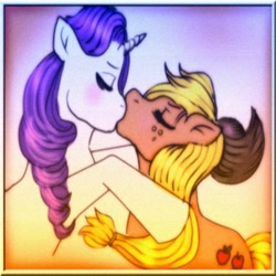 Size: 600x600 | Tagged: safe, artist:sui-aizen, applejack, rarity, earth pony, pony, unicorn, female, kissing, lesbian, rarijack, shipping