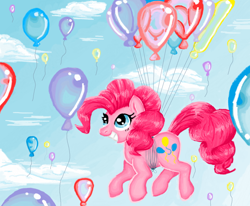 Size: 1024x845 | Tagged: safe, artist:mlpdarksparx, pinkie pie, earth pony, pony, balloon, floating, flying, grin, smiling, solo, then watch her balloons lift her up to the sky