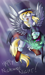 Size: 768x1280 | Tagged: safe, artist:whiteliar, derpy hooves, pegasus, pony, undead, vampire, vampony, candy, clothes, costume, female, floppy ears, flying, halloween, mare, nightmare night, nightmare night costume, solo