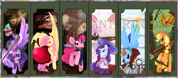 Size: 1280x564 | Tagged: safe, artist:aaynra, derpibooru import, applejack, fluttershy, pinkie pie, rainbow dash, rarity, spike, twilight sparkle, twilight sparkle (alicorn), alicorn, earth pony, pony, apple, flutterbat, mane seven, mane six, race swap