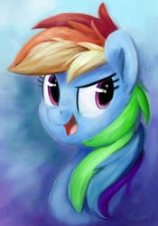 Size: 2341x3347 | Tagged: safe, artist:aemantaslim, derpibooru import, rainbow dash, pegasus, pony, abstract background, bust, female, looking away, mare, portrait, smiling, solo