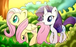 Size: 1280x800 | Tagged: safe, artist:isle-of-forgotten-dreams, fluttershy, rarity, pegasus, pony, unicorn, female, mare, pink mane, purple mane, white coat, yellow coat