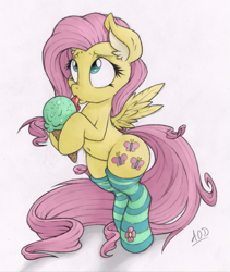 Size: 843x1000 | Tagged: safe, artist:dfectivedvice, artist:panickypinky, fluttershy, pegasus, pony, belly button, bipedal, clothes, colored, eating, food, ice cream, licking, socks, solo, striped socks