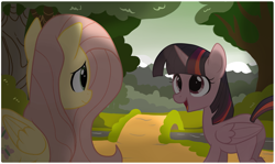 Size: 1893x1131 | Tagged: safe, artist:locksto, derpibooru import, fluttershy, twilight sparkle, twilight sparkle (alicorn), alicorn, pegasus, pony, bridge, dark, eye contact, female, forest, mare, vector, water