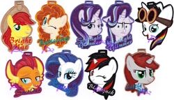 Size: 1024x587 | Tagged: safe, artist:kiashone, pear butter, rarity, smolder, starlight glimmer, oc, oc:blackjack, oc:lightning bliss, oc:littlepip, dragon, pony, unicorn, fallout equestria, marks for effort, badge, fanfic, fanfic art, female, hat, horn, i mean i see, male, mare, merchandise, one eye closed, open mouth, smiling, stallion, teeth, text, traditional art, wink