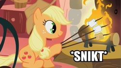 Size: 853x480 | Tagged: safe, edit, edited screencap, screencap, applejack, earth pony, pony, look before you sleep, applejack's special marshmallows, claws, dexterous hooves, exploitable meme, image macro, marshmallow, marshmallows, meme, solo, wolverine