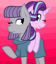 Size: 606x698 | Tagged: safe, artist:gigi-61, maud pie, starlight glimmer, earth pony, pony, unicorn, blushing, female, lesbian, one eye closed, shipping, starmaud, wink