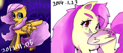 Size: 1029x449 | Tagged: safe, artist:misocha, fluttershy, comparison, flutterbat, pixiv, progression, solo