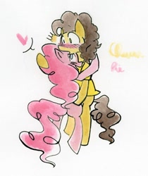 Size: 820x975 | Tagged: safe, artist:rainbowlover001, cheese sandwich, pinkie pie, earth pony, pony, blushing, cheesepie, female, heart, hug, male, shipping, shocked, smiling, straight, traditional art