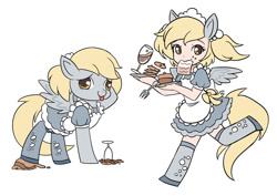 Size: 1024x724 | Tagged: safe, artist:kongyi, derpy hooves, human, clothes, cute, derpabetes, drink, eared humanization, human ponidox, humanized, looking at you, maid, simple background, tailed humanization, tray, winged humanization