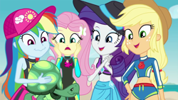 Size: 1280x720 | Tagged: safe, derpibooru import, screencap, applejack, fluttershy, rainbow dash, rarity, tank, tortoise, aww... baby turtles, better together, equestria girls, belly button, clothes, cute, dashabetes, dawwww, hand on cheek, hat, hips, jackabetes, midriff, raribetes, shorts, shyabetes, swimsuit, wetsuit